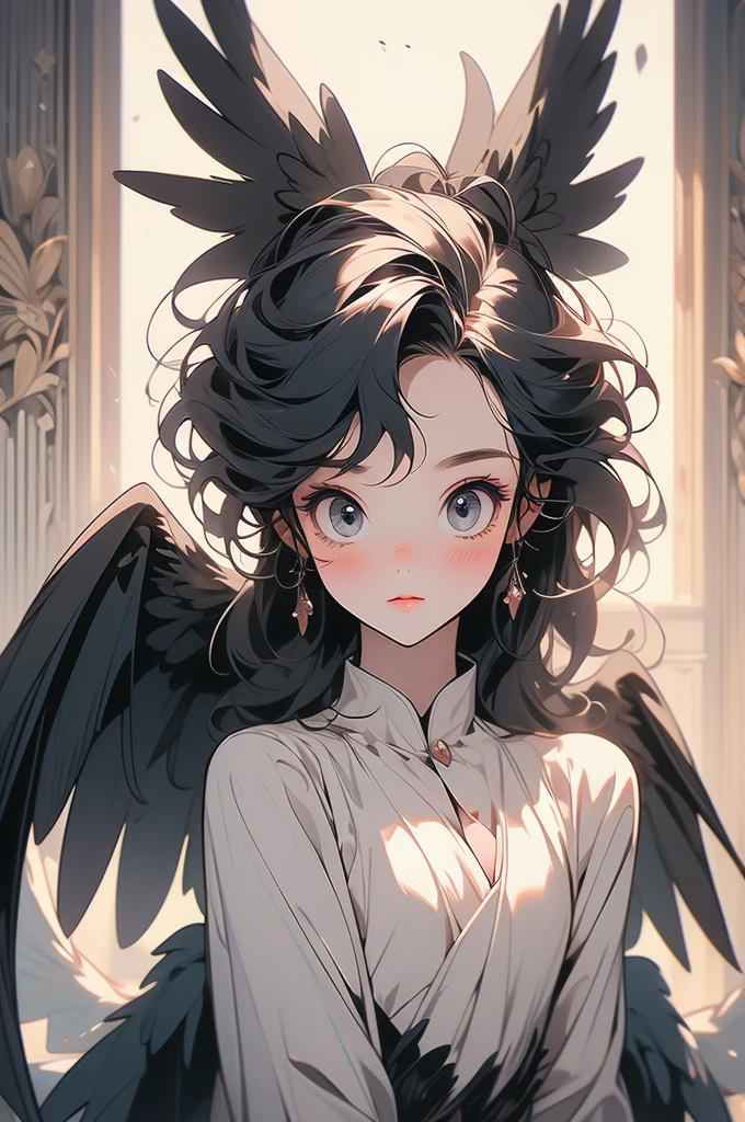 1girl, harpy, black wings, confused, silly, small, cute, blushing, bowing