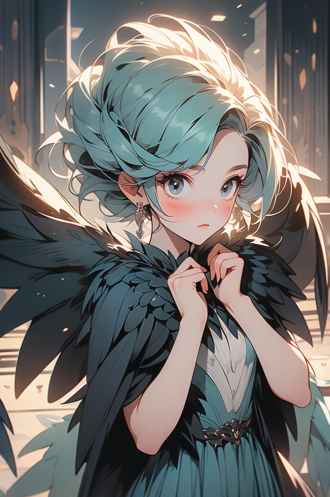 1girl, harpy, black wings, confused, silly, small, cute, blushing, bowing