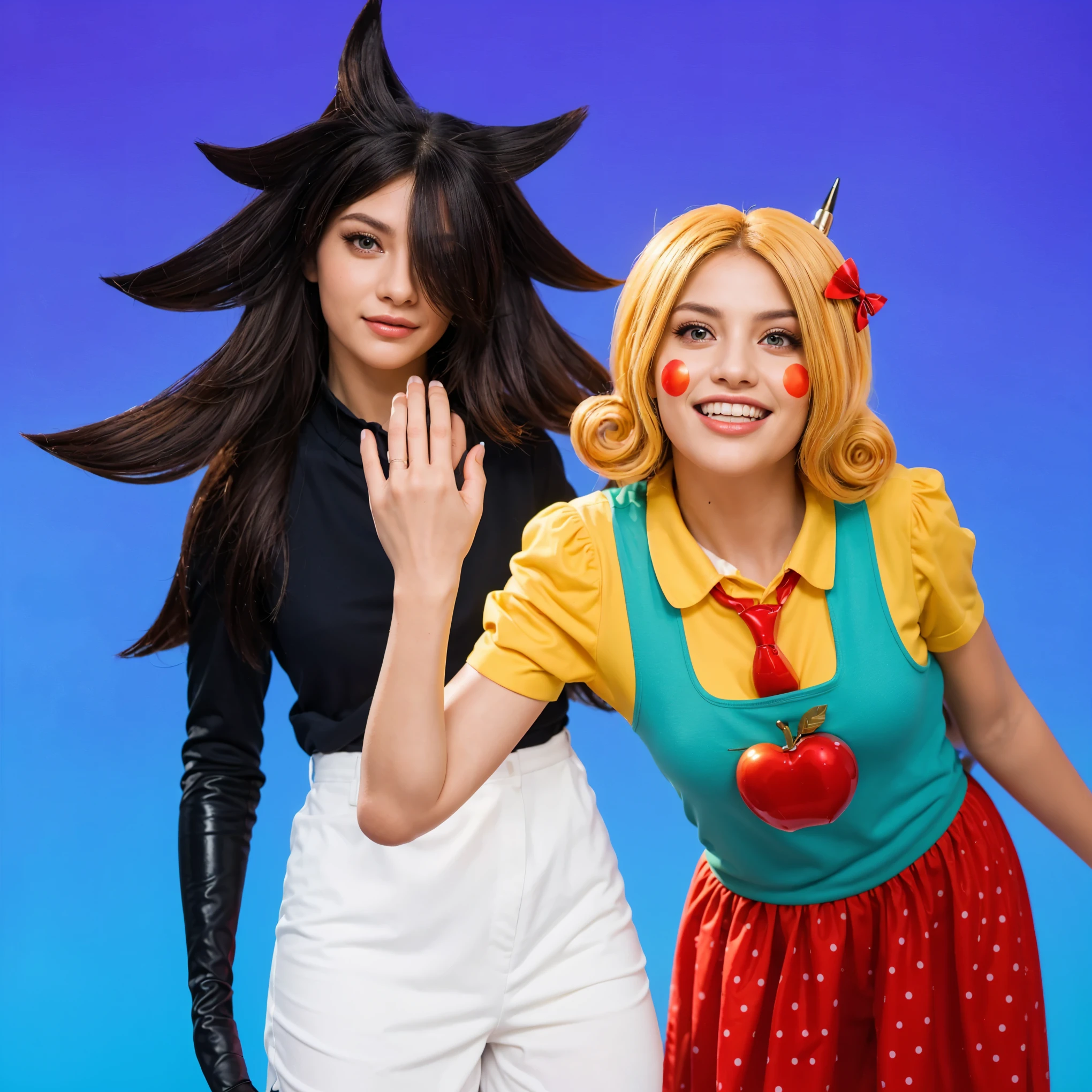 In this vivid portrayal, two contrasting characters emerge from a magical realm. On the left, a figure with dark, striking hair that defies gravity, exudes a mystique and power, her intense gaze captivating. To her right, bursts a figure of sunshine and cheerfulness, adorned in a bright yellow top and a polka-dotted red skirt, her smile wide and welcoming. The background of twinkling lights adds a festive and enchanting touch to the scene, enhancing the stark contrast between the dark, enigmatic character and her radiant, joyful companion. strong emotional display, set against the contrast of her vibrant attire and the plain background, creates a compelling visual narrative. vibrant contrast to his attire and accessories.аffects render, (glossy plastic texture with multiple big light probe refractions), perfect cgi, smooth silhouette, high intensity refraction, (super glossy plastic material), most beautiful vfx, , realistic, 4k, high resolution, rim light, smooth 3d model, multiple light sources, rim light, sharp post effects render,, realistic, 4k, high resolution, rim light detailed digital art, reflective, best quality, 4k, masterpiece:1.2, ultra-detailed, realistic, vivid colors, The image of the highest quality, ensuring every detail showcased perfectly. It in 4k resolution, allowing viewers to immerse themselves in the richness of the colors and intricate details. The realistic rendering. under the spotlight, reflecting, high-resolution image, realistic rendering