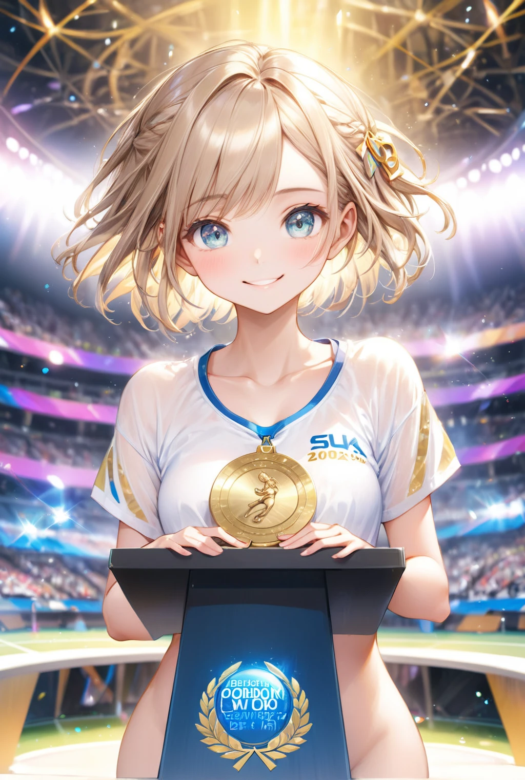 (Highest quality, 8k, 32K, masterpiece, Ultra-high resolution,:1.2),born, One girl,Super cute , Natural light,Clear, shining eyes, 20-year-old ,Fair skin, Wearing an open-necked T-shirt, Sexy pose, An innocent smile, Fantasy background of electronic world like a podium, gold medal, Olympic, Tournament, Stadium