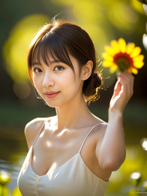 (masterpiece, best quality), outstanding details, ultra-high resolution, 
anatomically correct, wide shot, atmospheric perspective,

A cute Japanese woman walking along a stream in the morning forest, 30 years old, 

cowboy shot,  (holding a sunflower, reaching out), 

(Plump), medium breasts,  

Happy smile, Mouth slightly open, looking at viewer,

round face, tareme, Downturned Eyes, pupils sparkling, Cute duck mouth, cute small nose, thin lips, thin eyebrows, 

brown hair, low ponytail, short hair, swept bangs,

(wearing A white elegant slip summer dress made of a transparent smooth material), 

depth of field, exposure high key, 
(( morning sunlight, backlighting, The light reflected from below softly illuminates the woman's face)), 
cinematic lighting, reflection light, (Total soft lighting, dreamy atmosphere,  animated expression) , 