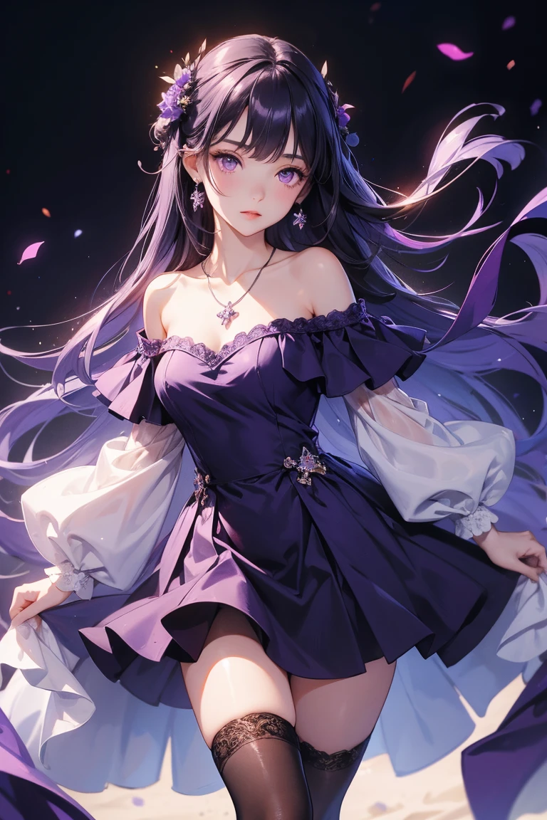 Off-the-shoulder dress, Highest quality, High resolution, 1 girl, Super High resolution, alone, stockings, Purple eyes, , Long Hair, bangs,necklace