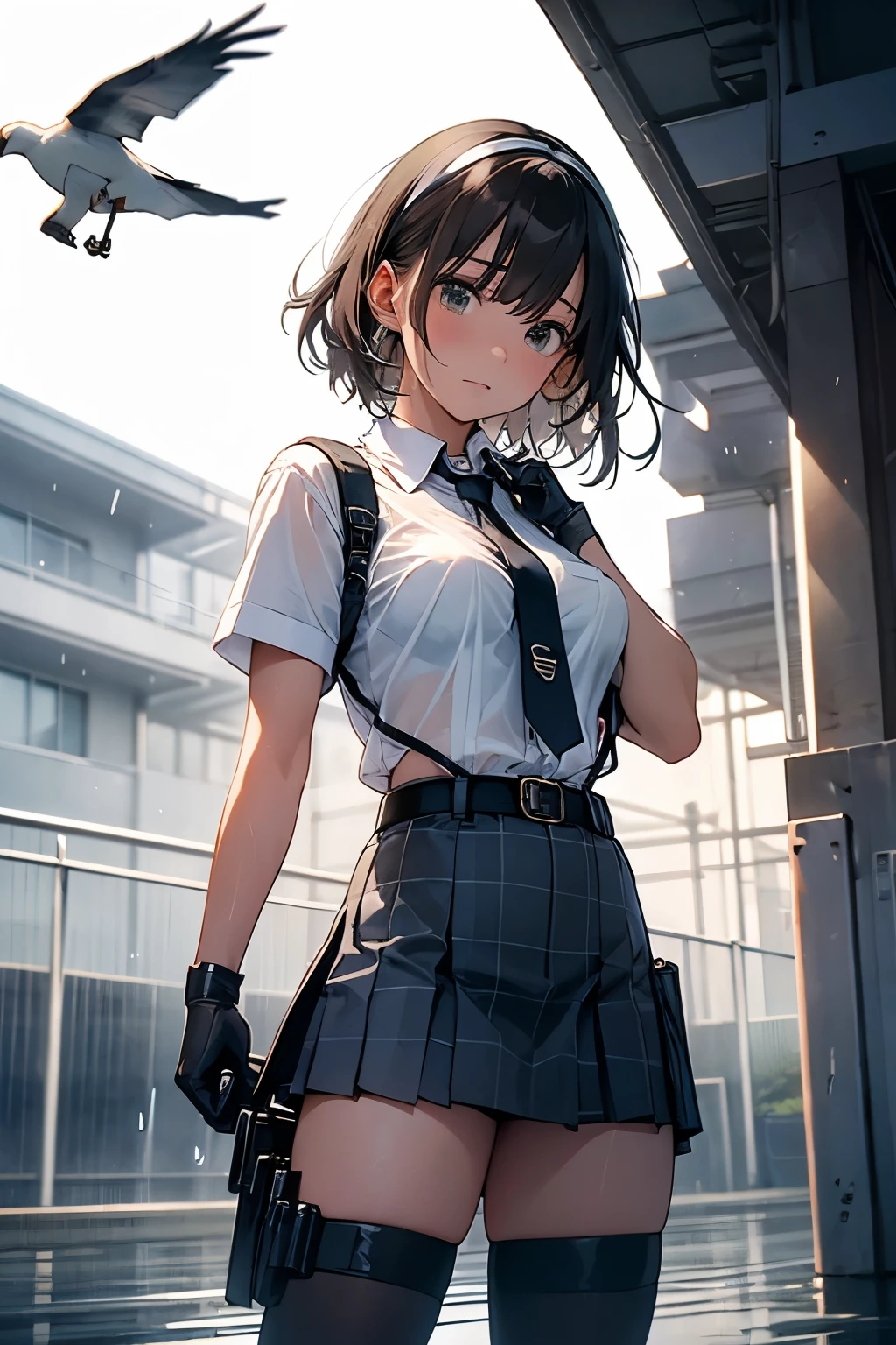 1 female, , high quality, masterpiece, Ultra-high resolution, , Cinema Lighting, , , 1 female, , high quality, masterpiece, Ultra-high resolution, , Cinema Lighting, , , And the suspenders with the cranes flying　　　Moderate breasts　 　 　　　　Large Breasts　 　 　　　　Small face　 　　　holster　　　　　　　 Lying in bed　Looking up　　　　Sweat 　　　belt　summer　脇Sweat 　Black Hole Gloves　suit　　　　 　garterbelt　Leg Links　ズボンにbelt　　holster　 　　Hands behind your back　 Anxious expression　Looking up　Anxious face　Knee-high　Knee socks　Knee-highソックス garterbelt　garter　ふとももにgarterbelt　Checkered mini skirt　Necktie Headband　ribbon　Panty shot　スカートの隙間 Armament　Handgun　handcuffs　Cable ties　レッグholster　holster 　　Hands behind your back　 Anxious expression　Looking up　Anxious face 足を横に開く　Armament　　Cable ties　レッグholster　holster　See-through clothing　heavy rain　Getting wet in the rain