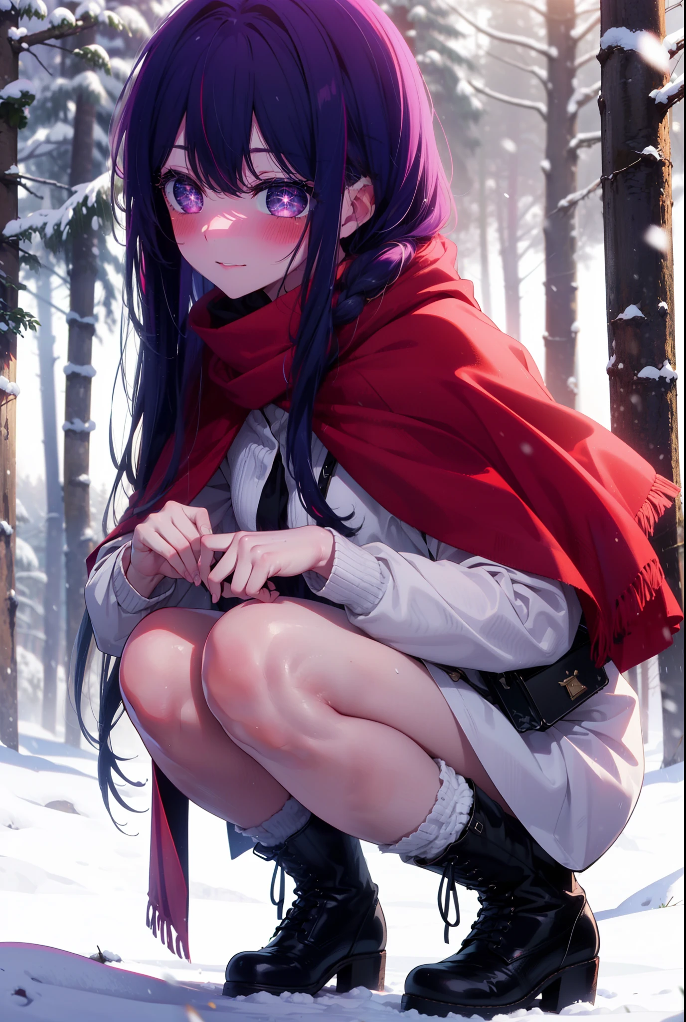 aihoshino, Ai Hoshino, Long Hair, bangs, (Purple eyes:1.1), Purple Hair, (Symbol-shaped pupil:1.5), smile,,smile,blush,white breath,
Open your mouth,snow,Ground bonfire, Outdoor, boots, snowing, From the side, wood, suitcase, Cape, Blurred, , forest, White handbag, nature, Squat, Mouth closed, Cape, winter, Written boundary depth, Black shoes, red Cape break looking at viewer, Upper Body, whole body, break Outdoor, forest, nature, break (masterpiece:1.2), Highest quality, High resolution, unity 8k wallpaper, (shape:0.8), (Beautiful and beautiful eyes:1.6), Highly detailed face, Perfect lighting, Extremely detailed CG, (Perfect hands, Perfect Anatomy),