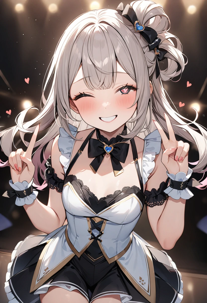 (masterpiece, top quality, very aesthetic, 4k、illustration), intricate detail, 1woman,、solo,contrapposto 、,(cowboy shot)、(heart shaped pupils),Cute、closed eyes、fan service、double v sign、happy smile、Random Hairstyle、Random Hair Color、,middle hair,sidelock ,Random Color eyes、idol clothes、small 、Slim 、
