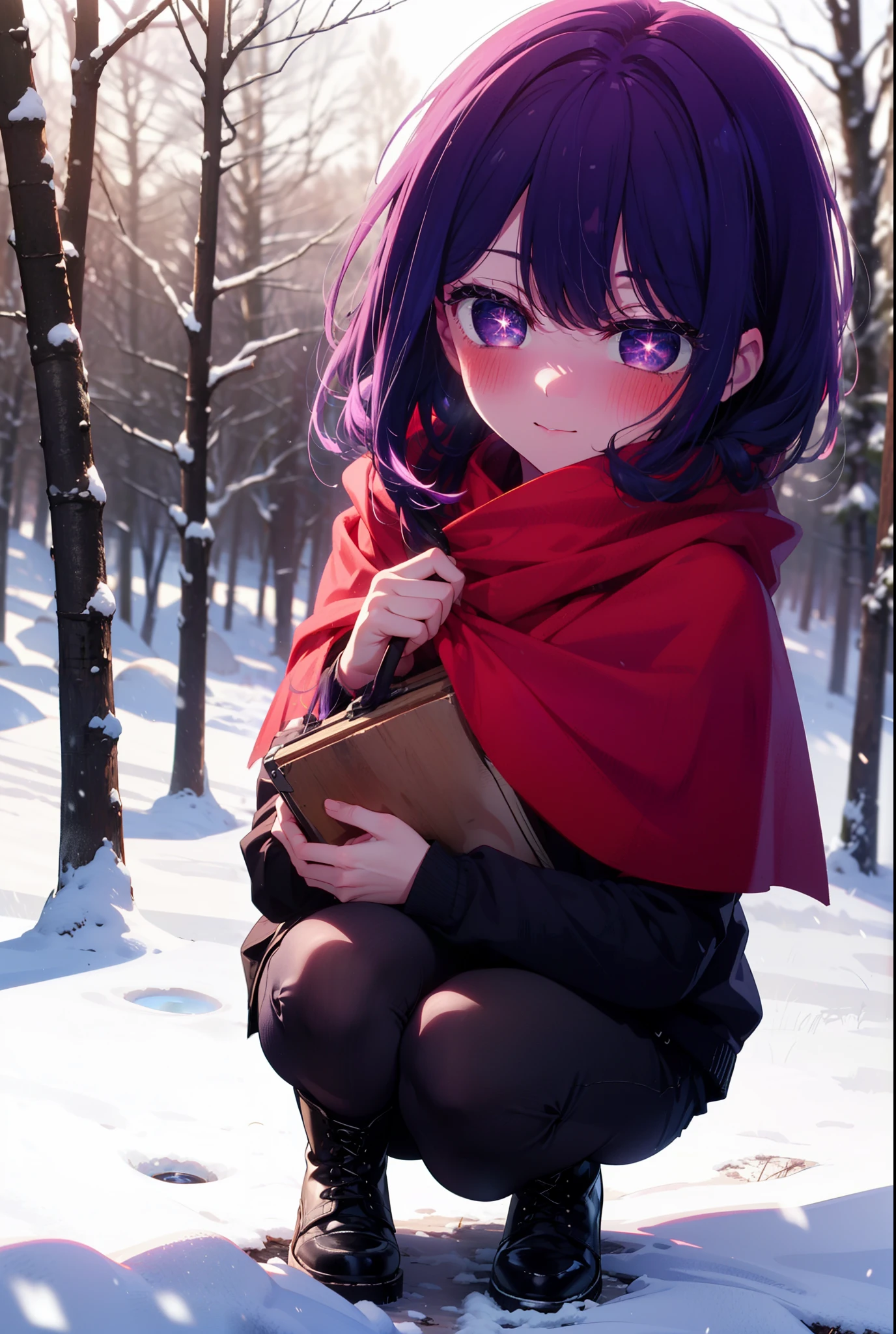 aihoshino, Ai Hoshino, Long Hair, bangs, (Purple eyes:1.1), Purple Hair, (Symbol-shaped pupil:1.5), smile,,smile,blush,white breath,
Open your mouth,snow,Ground bonfire, Outdoor, boots, snowing, From the side, wood, suitcase, Cape, Blurred, , forest, White handbag, nature,  Squat, Mouth closed, Cape, winter, Written boundary depth, Black shoes, red Cape break looking at viewer, Upper Body, whole body, break Outdoor, forest, nature, break (masterpiece:1.2), Highest quality, High resolution, unity 8k wallpaper, (shape:0.8), (Beautiful and beautiful eyes:1.6), Highly detailed face, Perfect lighting, Extremely detailed CG, (Perfect hands, Perfect Anatomy),