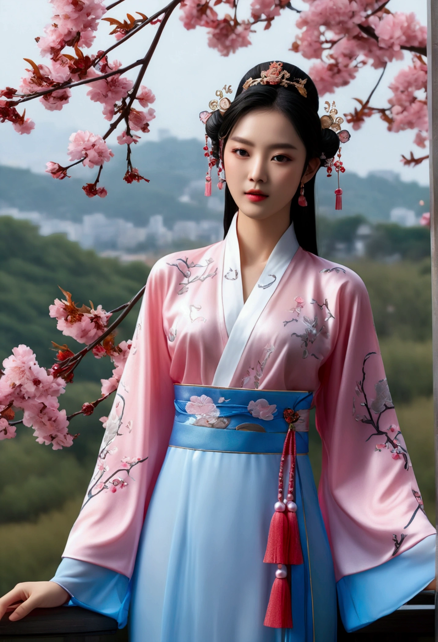 There is a blue sky, White clouds and mountains in the distance、tower and many people,Pink flowers,Cherry tree,Hanfu woman,Phoenix Crown Crown、fine embroidery、Wearing Hanfu pantyhose、Hanfu、Wear long-sleeved Hanfu、Transparent and clear、Look、Exposing oversized breasts、Raw,(8K、Top quality、masterpiece:1.8)、(复杂的detail:1.8)、(Reality:1.8)、Octane Rendering、具有超detail的复杂 3D 渲染, Studio Soft Light, Side Light, vivid details, 超级detail, Realistic skin texture, detail, beautiful eyes, Highly detailed CG Unity 16k wallpaper, cosmetic, (Detailed background:2.0), Clear your fingers,Beautiful fingers,Radiant Skin、Spread your legs,Camel toe showing thigh!!!、