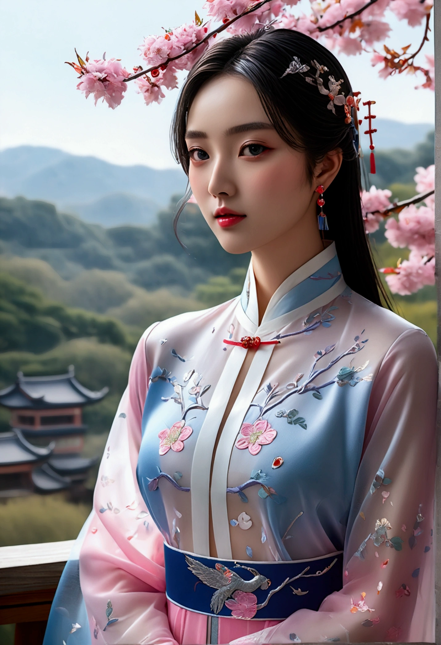 There is a blue sky, White clouds and mountains in the distance、tower and many people，Pink flowers，Cherry tree，Hanfu woman,Phoenix Crown Crown、fine embroidery、Wearing Hanfu pantyhose、Hanfu、Wear long-sleeved Hanfu、Transparent and clear、Look、Exposing oversized breasts、Raw,(8K、Top quality、masterpiece:1.8)、(复杂的detail:1.8)、(Reality:1.8)、Octane Rendering、具有超detail的复杂 3D 渲染, Studio Soft Light, Side Light, vivid details, 超级detail, Realistic skin texture, detail, beautiful eyes, Highly detailed CG Unity 16k wallpaper, cosmetic, (Detailed background:2.0), Clear your fingers，Beautiful fingers，Radiant Skin、Spread your legs，Camel toe showing thigh!!!、