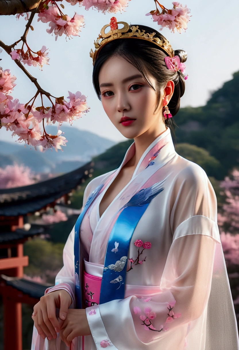 There is a blue sky, White clouds and mountains in the distance、tower and many people,Pink flowers,Cherry tree,Hanfu woman,Phoenix Crown Crown、fine embroidery、Wearing Hanfu hose、Hanfu、Wear long-sleeved Hanfu、Transparent and clear、Look、Exposing oversized breas(8K、Top quality、masterpiece:1.8)、(复杂的detail:1.8)、(Reality:1.8)、Octane Rendering、具有超detail的复杂 3D 渲染, Studio Soft Light, Side Light, vivid details, 超级detail, Realistic skin texture, detail, beautiful eyes, Highly detailed CG Unity 16k wallpaper, cosmetic, (Detailed background:2.0), Clear your fingers,Beautiful fingers,Radiant Skin、Spread your legs,Camel toe shgh!!!、