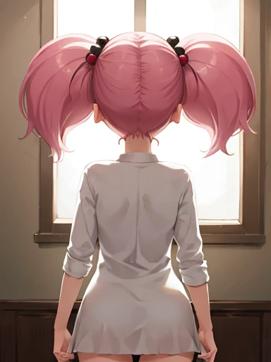 masterpiece, highest quality, very detailed, girl,twin tails, pink hair, hair ornaments,hair bobble, blue eyes,indoors,pussy. From behind from below