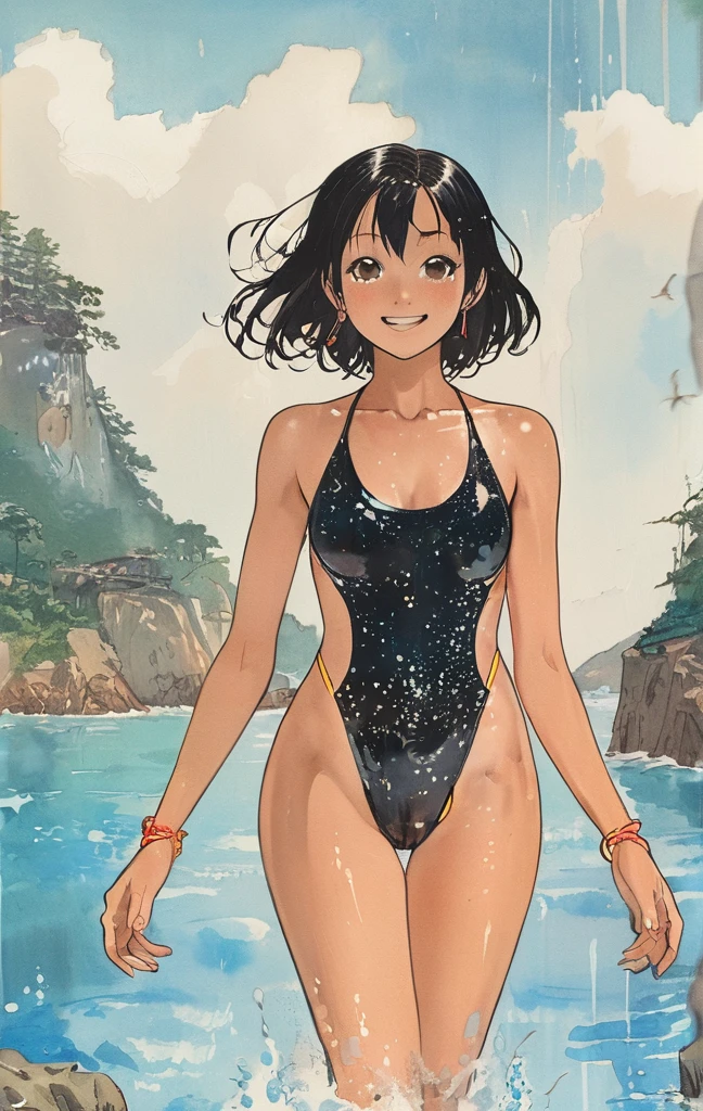 Look at the viewer, strong rim light, Japanese, , high resolution, dynamic pose, highly detailed background, ultra realistic, tan lines when wearing one piece swimsuit, slender, very cute and beautiful girl, highly detailed beautiful face, female, 18 years old, black hair, healthy brown skin ((tan skin: 1.4)), flat chest, coastline, wet hair, solo, smut, break
wet, (one piece tan: 0.9), (swim tan: 0.9), sparkling, glistening skin, collarbone, navel, bikini, covered nipples, cameltoe, ocean, dynamic pose, smiling face,