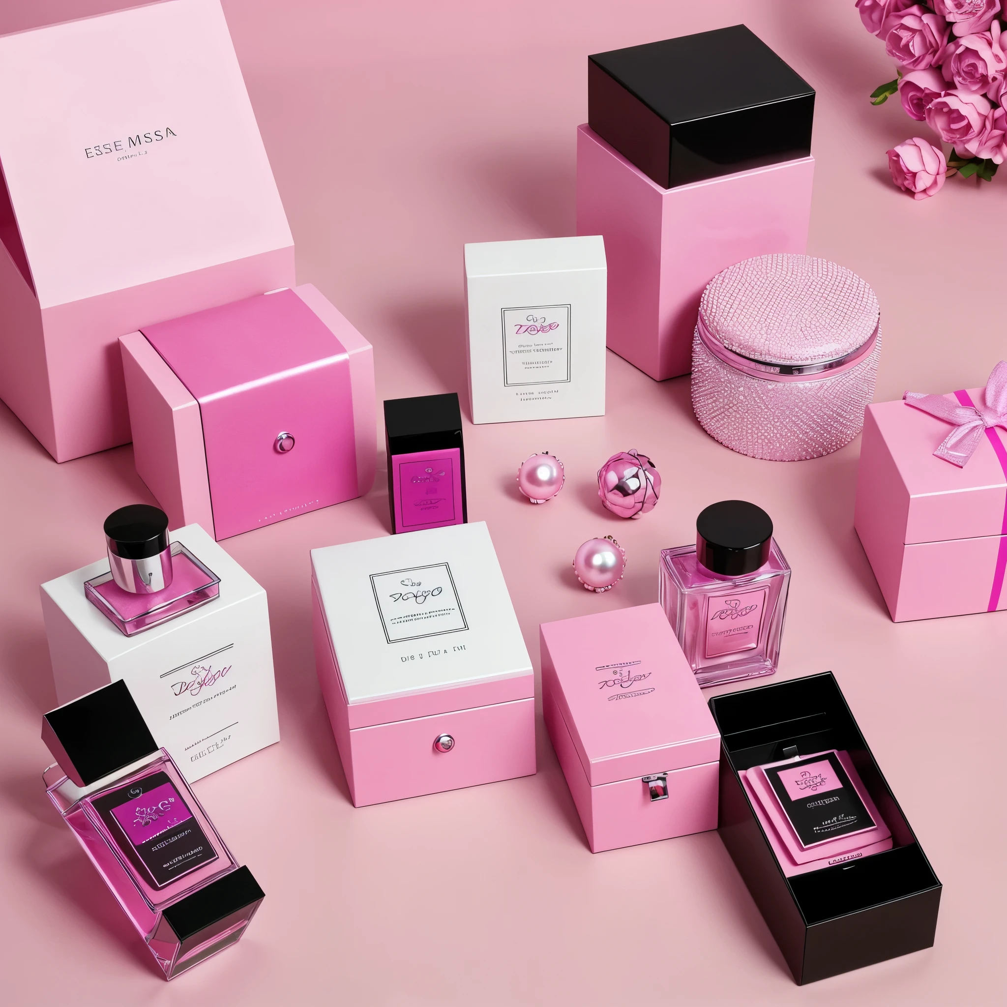 2 perfume boxes, one pink and one black. That on the front says "Essence mist" in large letters. Also, the background should be pink and black with a few pearls.