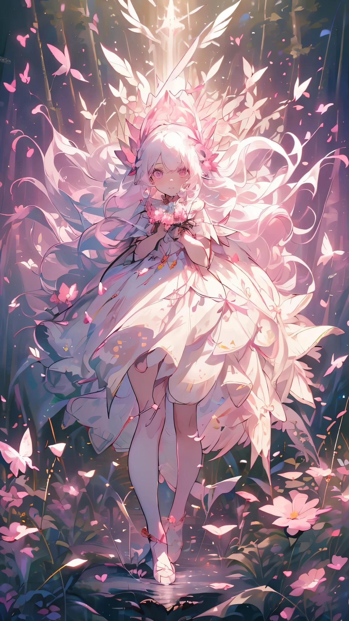 (Mastepiece), (Best Quality), Very detailed, 1 girl, (Solo full body shot:1.4), Perfect Face, beautiful girl, Very detailedな顔,(Long white hair:1.5),(Pink Eyes:1.4),(Lots of butterflies々:1.2)、(forest、Flower Field:1.4)、(Lots of petals:1.3)、(gem:1.3)、(smile:1.3)、Fairy、mysterious、Fantasy、beautiful、beautiful