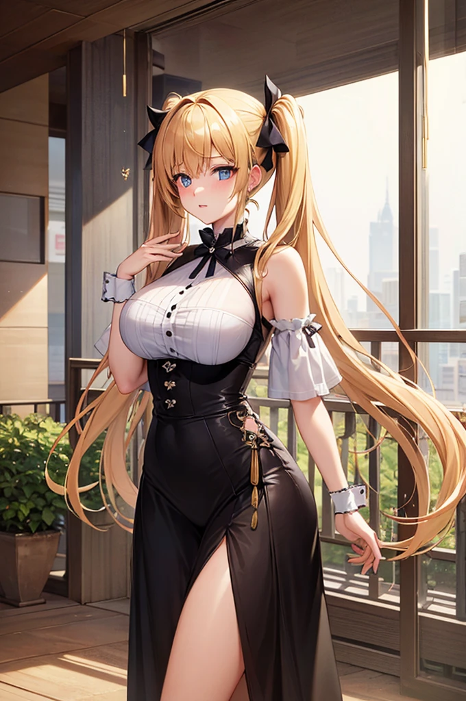 ((Highest quality)), ((masterpiece)), (detailed), High resolution, Browsing Caution ,One Girl,Large ,Long blonde,Blonde twin tails,Vertical twin tails