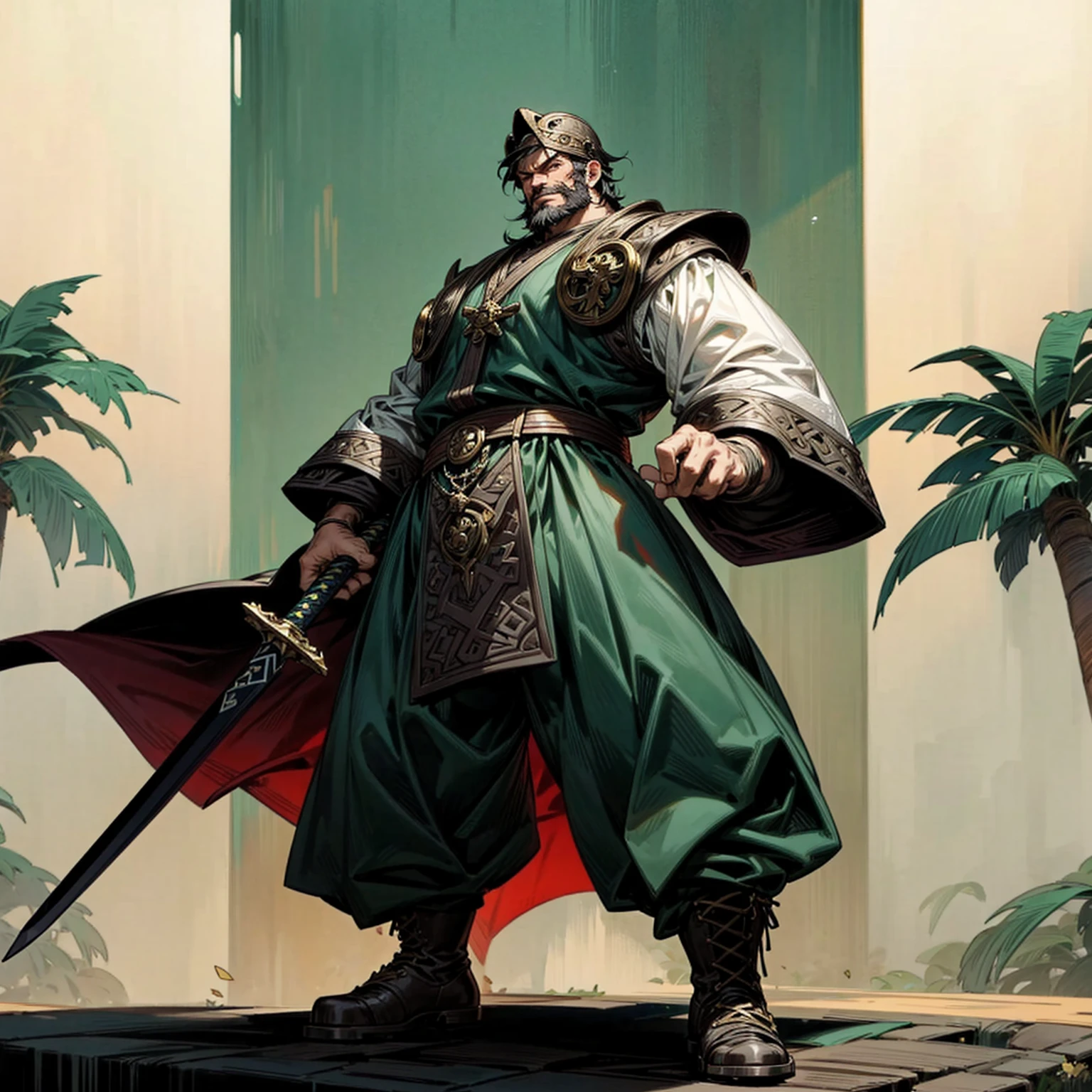 Solo character, full body version, old man, Big fat body, very tall 100 feet high, very big palms, chin beard, black color hair, green eyes, short curly hairstyle, gladiator outfits, helm Vikings, boots, backgroun in outdoor Castle, standing gesture, sword in hand, glow effect on sword, (one piece style art)