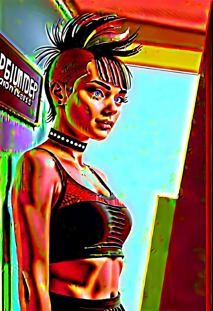 work of art), (portraite), medium breasts (aesthetics), ((1 19 year old girl)), ((long straight gothic choker hair)), ((beautiful brownish white punk hair)), hair-bangs, Thin, open eyes, blue colored eyes, round breasts, Female One, Woman, Female One features, high qualiy, roupas aestheticss, professional angle, (rule of thirds), Female One features, standing alone, (attractive Korean Woman), summer, (ink mist ), (Afternoon) , (vibrant light), seducer posture, ((guy looking forward))), red cropped top, long lace sleeve, long hip hop top, stylish and bold black pleated skirt, socks and ankle boots ((energy)), (bold makeup), (medium breasts), skin tanned, (Clothing with hip hop details), (cropped top), (gorgeous neckline), Body cute, gorgeous eyes, glare eyes, seducer smile, beautiful mouth, beautiful lips, (best qualityer, ultra detaild, photorrealistic: 1.39 ), bright and vibrant colors, studio lighting, romantic expression, seducer, seducer, graffiti wall background, beautiful girl pose