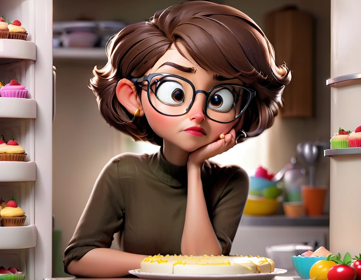 Woman with short hair and glasses looking at the refrigerator with cake and pudding 