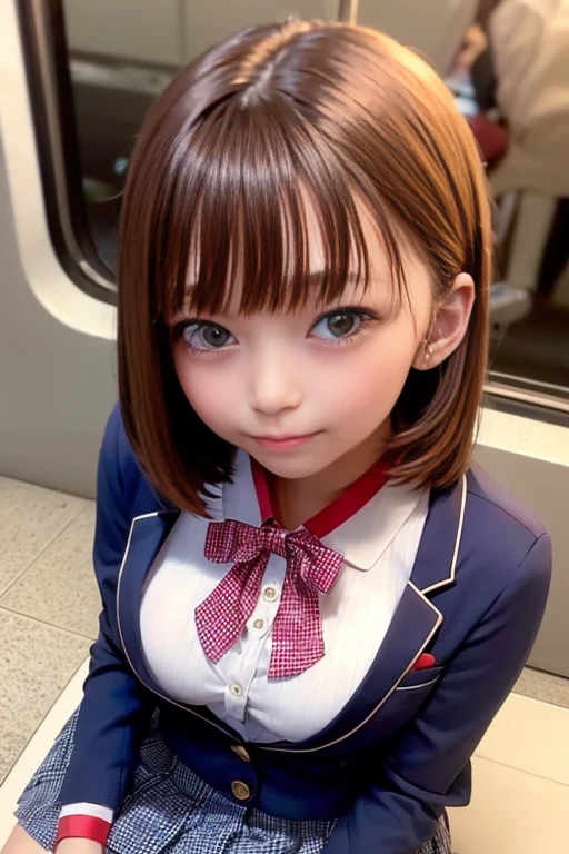 (White blouse、Navy Blue Blazer、Checkered pleated mini skirt with slits、Red ribbon)、1 girl、Bob Hair、Medium breast、looking at the camera、The camera is from above、Inside the train、Sitting、train running along the seaside、masterpiece:1.3、Raw photo、Highest quality、Detailed Background、
