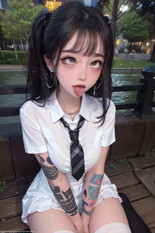 high quality, detailed,(at night:2.0),(in the park,in the park),very wet,she is 13 years old and junior high school girl wearing very very wet and very transparent short sleeve white shirt and a tie,plaid skirt,(wearing black overknee socks),a mole under the eye,(tounge out,tounge out tounge out),(blushing:1.4),the whole body,the whole body,she has a lot of earrings,tattoo,tattoo,detailed background,ecstasy,orgasm,tattoo,seducing,temptation,nipples,childish body,