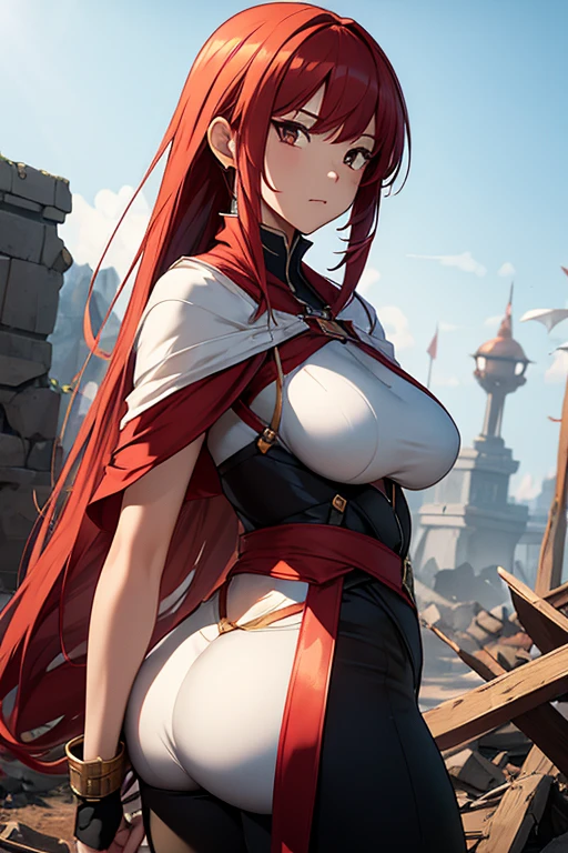 The whole of the body、Highest quality、High resolution、Serious expression、woman、Red Hair、Hairstyle is long straight、Uplifting、Light equipment、Swing a long sword、Fighting dragons like in Monster Hunter、Around 20 years old、anime、Voluptuous bust pushing up clothes、Narrow waist、Big Ass、In the rubble、Great style、Height: 160cm、Wounded、White Cape、A dignified and cute face