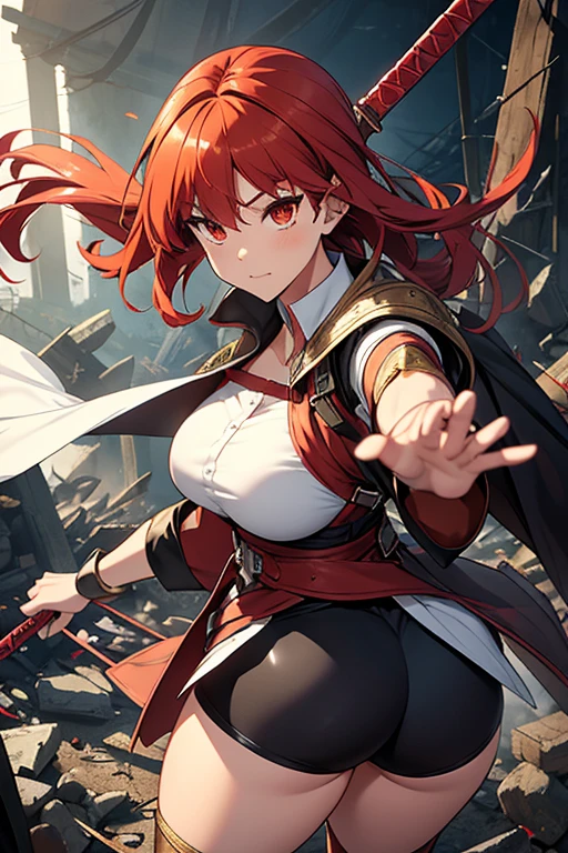 The whole of the body、Highest quality、High resolution、Serious expression、woman、Red Hair、Hairstyle is long straight、Uplifting、Light equipment、Swing a long sword、Fighting dragons like in Monster Hunter、Around 20 years old、anime、Voluptuous bust pushing up clothes、Narrow waist、Big Ass、In the rubble、Great style、Height: 160cm、Wounded、White Cape、A dignified and cute face