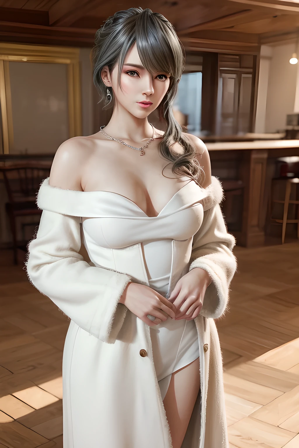 A lady with extraordinary temperament, she stands in a modern indoor space, as if she is a model from a fashion magazine. She is wearing a (pure white long fur coat), the softness and luster of which makes her look more noble under the light, and complements her (beige dress) underneath, showing her gentle temperament while maintaining a sense of fashion. The style of the dress is simple and generous, a perfect match, and it lengthens her figure, making her tall and charming. The lady's makeup is delicate and elegant, which just highlights her facial features and makes people unforgettable at first sight. Although the earrings and necklace she wears are not ostentatious, they add a bit of sophistication and nobility to her overall look. Her hair is casually draped over her shoulders, and every strand of hair exudes a natural luster,, (best quality,8k,highres,masterpiece:1.2),ultra-detailed,(realistic,photorealistic,photo-realistic:1.37),studio lighting,ultra-fine painting,sharp focus,physically-based rendering,extreme detail description,professional,vivid colors