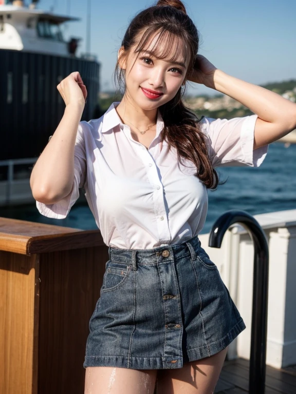 Gray background、pubic hair、Large Breasts、Thighs、Red lipstick、Cute woman、high school girl、White shirt、(Navy blue skirt)、smile、Open chest shirt、(A polka dot shirt that was wet and showed her underwear)、Wet Hair、Gazing at the sea、smile、On the boat、Raising his arms、Looking from below、ponytail、