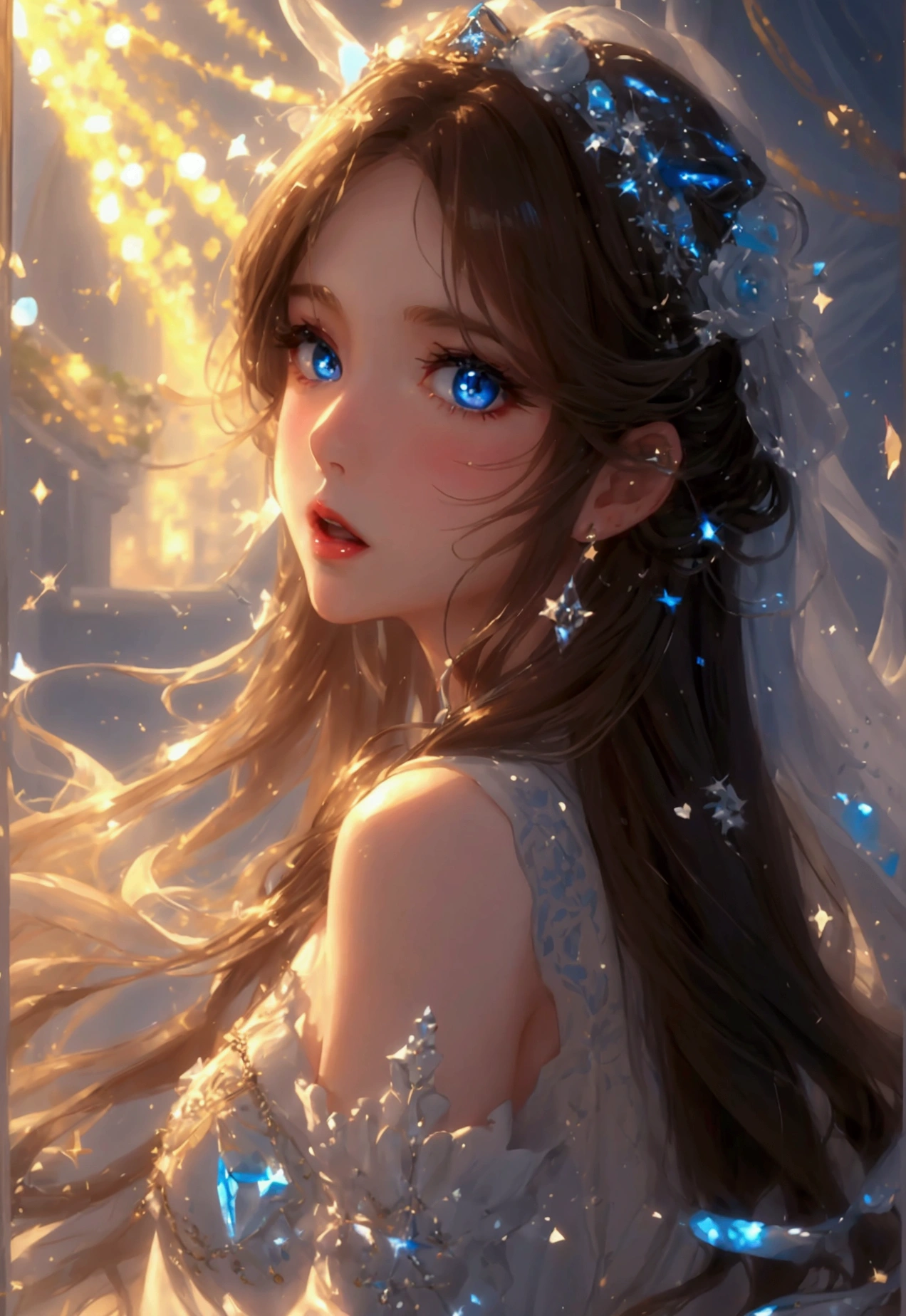 **beautiful opera singer, white sparkiling dress, long brown hair, blue eyes, lush lips, blush, singing, fantastic opera setting, stars, sparkles, anime art, --ar 2:3 --s 180** - (fast)