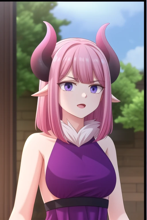 mature lady, original hair color, original hairstyle, naked, dark pink horns from behind the ear, wearing her original purple dress, standing outdoors, cowboy shot