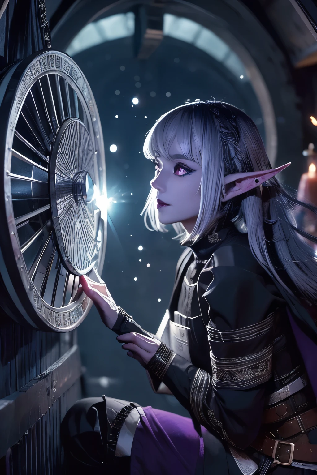 (Ultra-detailed face, looking away, Fantasy Illustration with Gothic, Ukiyo-e, Comic Art), 
BREAK 
(DarkElves: These middle-aged dark elf woman have silver hair, blunt bangs, pigtail hair, dark purple skin, and lavender eyes.), 
BREAK 
(The dark elf female navigator is wearing a tight sailor dress with a blue and white swirl pattern and sandals with the same pattern.), 
BREAK 
(The dark elf female navigator maneuvers the rudder wheel in the wheelhouse of a fast, medieval-era galley-style flying boat through a space of swirling rings of seven-colored flame.)