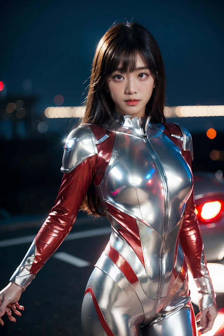 Ultraman、realistic、realistic、cinematic lighting, Girl in a shiny red and silver suit、15 years old、professional photos、Don'Do not expose your skin, japanese model, japanese cgi、Ultraman Suit、, Power Rangers Suit、tight and thin cyber suit,Whole body rubbery、There's pink There、 delicate body, big breasts、small ass、thin thighs、thin arms、thin waist、camel toe、Both sides of the cyber suit stick to the skin、Big eyes、black short hair、facing the front、facing the front立っている、A glowing sphere is embedded in the chest.、Essay Examination、 blue sky background