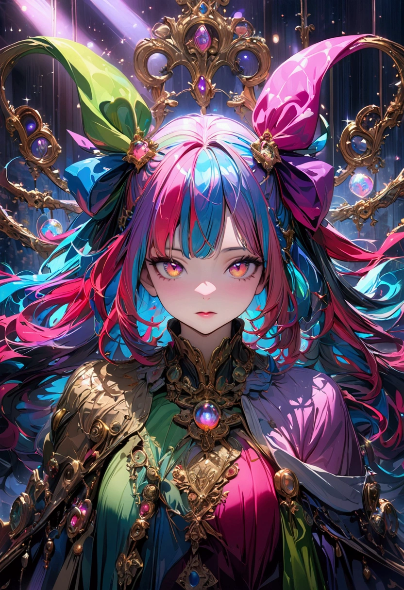 multicolored hair, Hair Ribbon, surrealism, movie lights, enlargement, uhd, high details, masterpiece