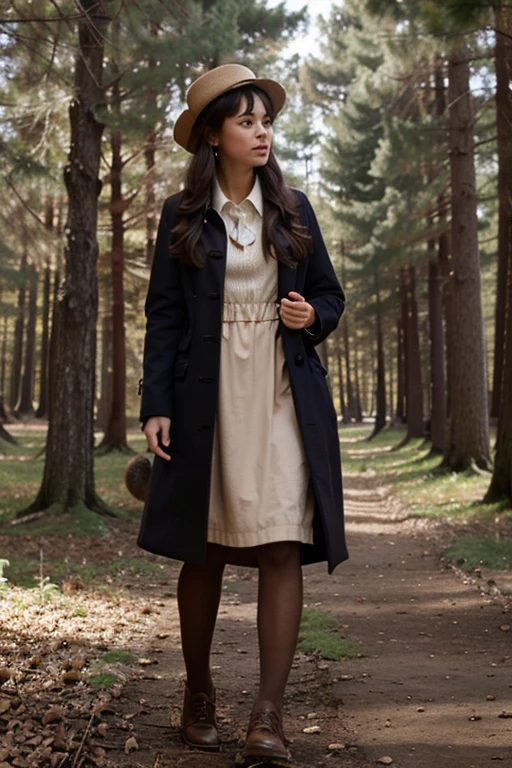 girl in a hat and coat in a fairy forest plays with squirrels