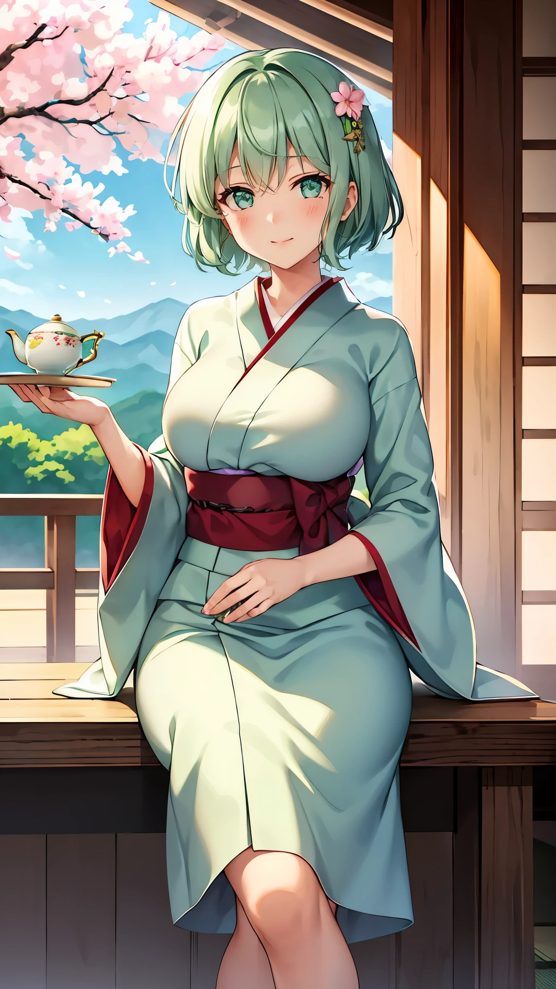 Girl with short green hair, Small breasts, Green Eyes, White Casual Beauty Special、(((tits))),Full body photo from head to toe、Kimono、Patterned Japanese clothing、Cherry tree in full bloom、Fluttering petals、Tea Ceremony、Graceful Manners、Tea party、Chatting in a Japanese-style room