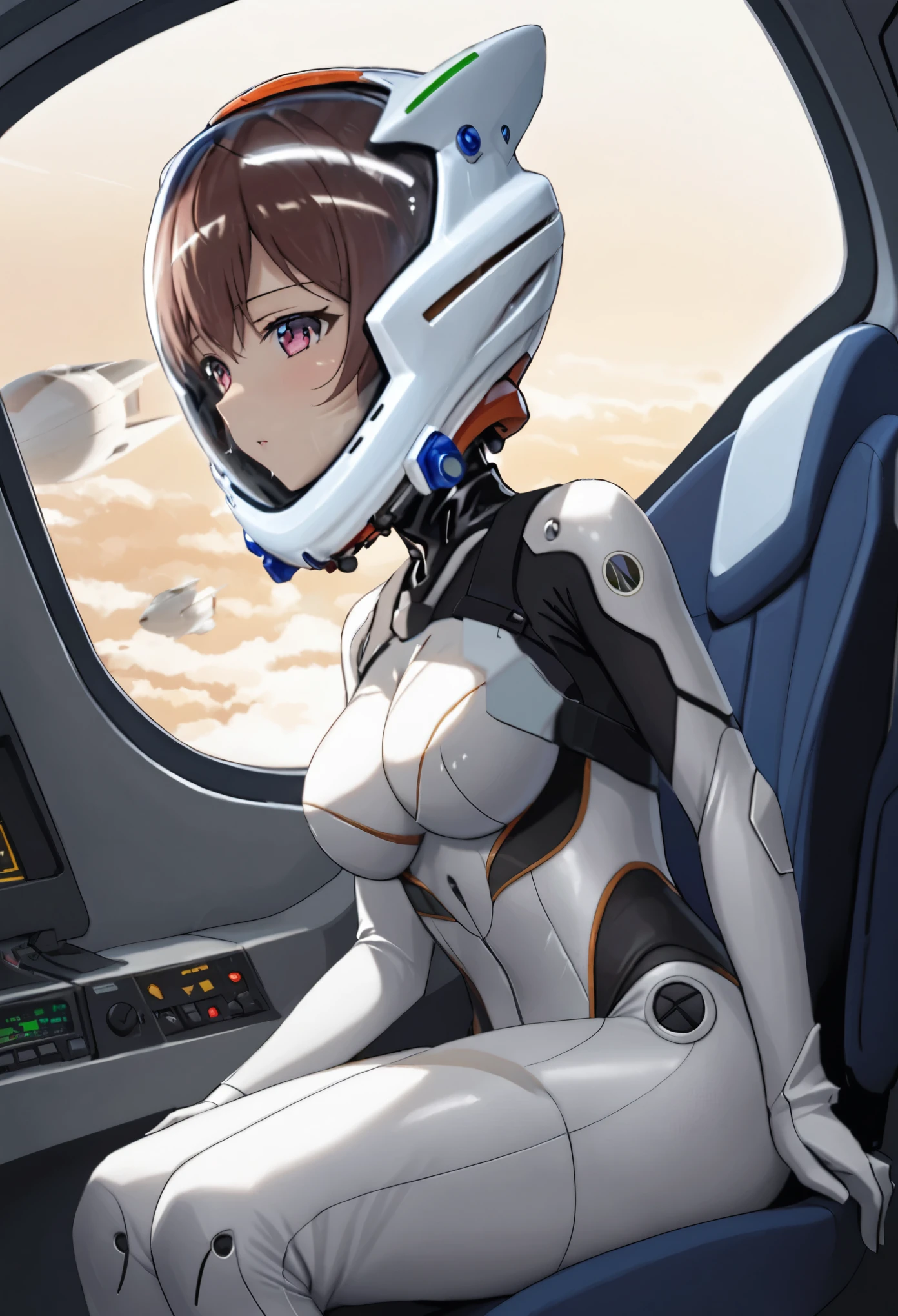 ((Female pilot in the cockpit of a reconnaissance plane), (airplane cockpit), (in flight), (10000 feet altitude)、(sky view):1.7),, short hair, street, emo, BLACK hair, white eyes, eyeliner, apocalypse, girl, nside the (cockpit:1.9) of a (futuristic spaceship:1.6), , blush,sitting on a chair, covered navel, space helmet, muvluv, space helm, plug suit , space helmet, eva helm, space suit, short hair, FROM SIDE\