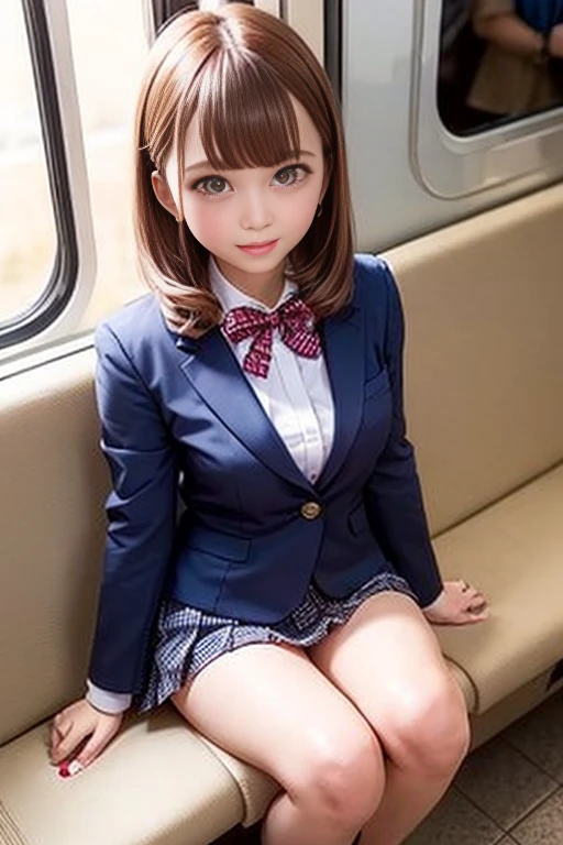 (White blouse、Navy Blue Blazer、Checkered pleated mini skirt with slits、Red ribbon)、1 girl、Bob Hair、Medium breast、looking at the camera、The camera is from above、Inside the train、Sitting、train running along the seaside、masterpiece:1.3、Raw photo、Highest quality、Detailed Background、