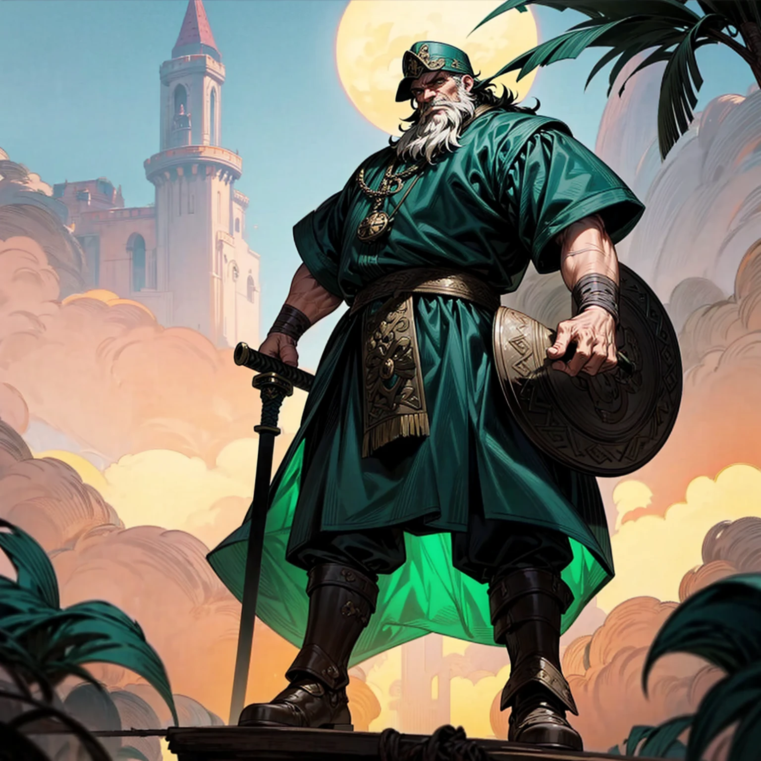 Solo character, full body version, old man, Big fat body, very tall 100 feet high, very big palms, chin beard, black color hair, green eyes, short curly hairstyle, gladiator outfits, helm Vikings, boots, backgroun in outdoor Castle, standing gesture, sword in hand, glow effect on sword, (one piece style art)