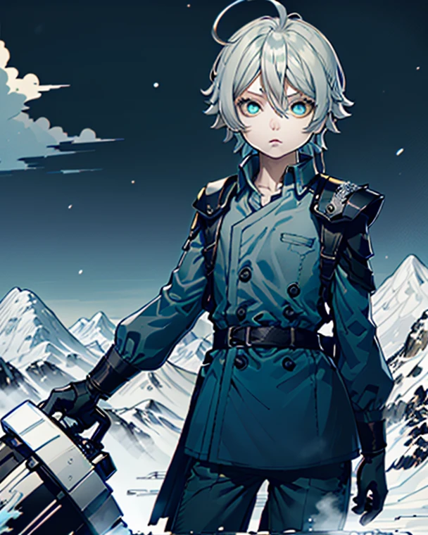 Best Quality、masutepiece、Ultra-detailed、face perfect、Extremely detailed、Extremely delicate、1 boy, (cute little), Angel, lightblue hair、half up、place々Blue Mesh、blue and yellow gradient eyes、Noble attire、Black coat、gray collared shirt、Black pants、snow mountains、snow blowing