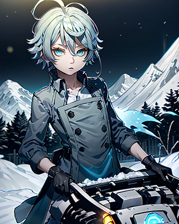 Best Quality、masutepiece、Ultra-detailed、face perfect、Extremely detailed、Extremely delicate、1 boy, (cute little), Angel, lightblue hair、half up、place々Blue Mesh、blue and yellow gradient eyes、Noble attire、Black coat、gray collared shirt、Black pants、snow mountains、snow blowing