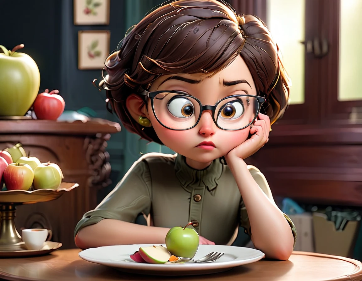 Woman with short hair and glasses thoughtfully sitting at the table with a plate and half an apple on the plate