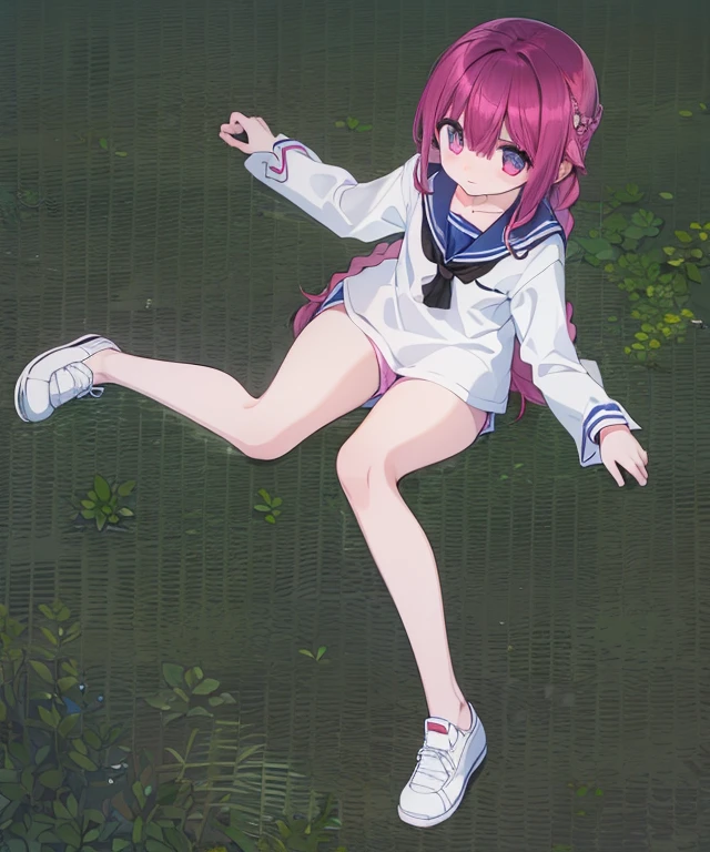 Beautiful illustrations, Highest quality, (:1.4)、(pretty girl:1.5)、 girl、Flat Chest、Sailor collar、(White long tunic:1.4)、Long sleeve sailor suit、Blue-line cuffs、(Pink Chino Shorts:1.7)、(Pink shorts with wide openings:1.6)、Gap between thigh and shorts、Thin thighs、White socks、 Cinema Lighting, (Pink long hair)、Pink Straight Hair、Redness on the cheeks、(Braiding of the back of the head)