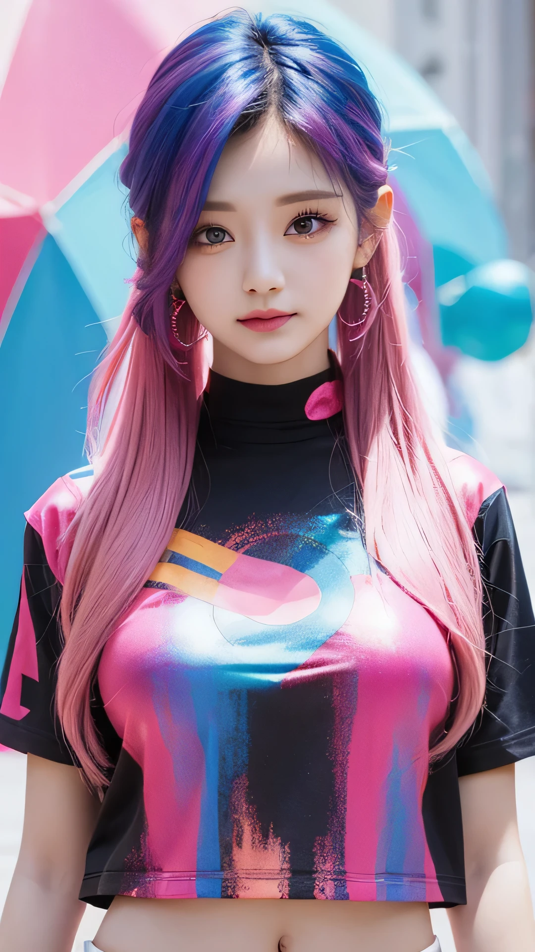 A unique and diverse fashion t-shirt with a vibrant pink hue, featuring a colorful hair design that captures all the colors of the rainbow. The vertical painting style adds an interesting twist to the overall look, with large crystal clear eyes that draw you in.