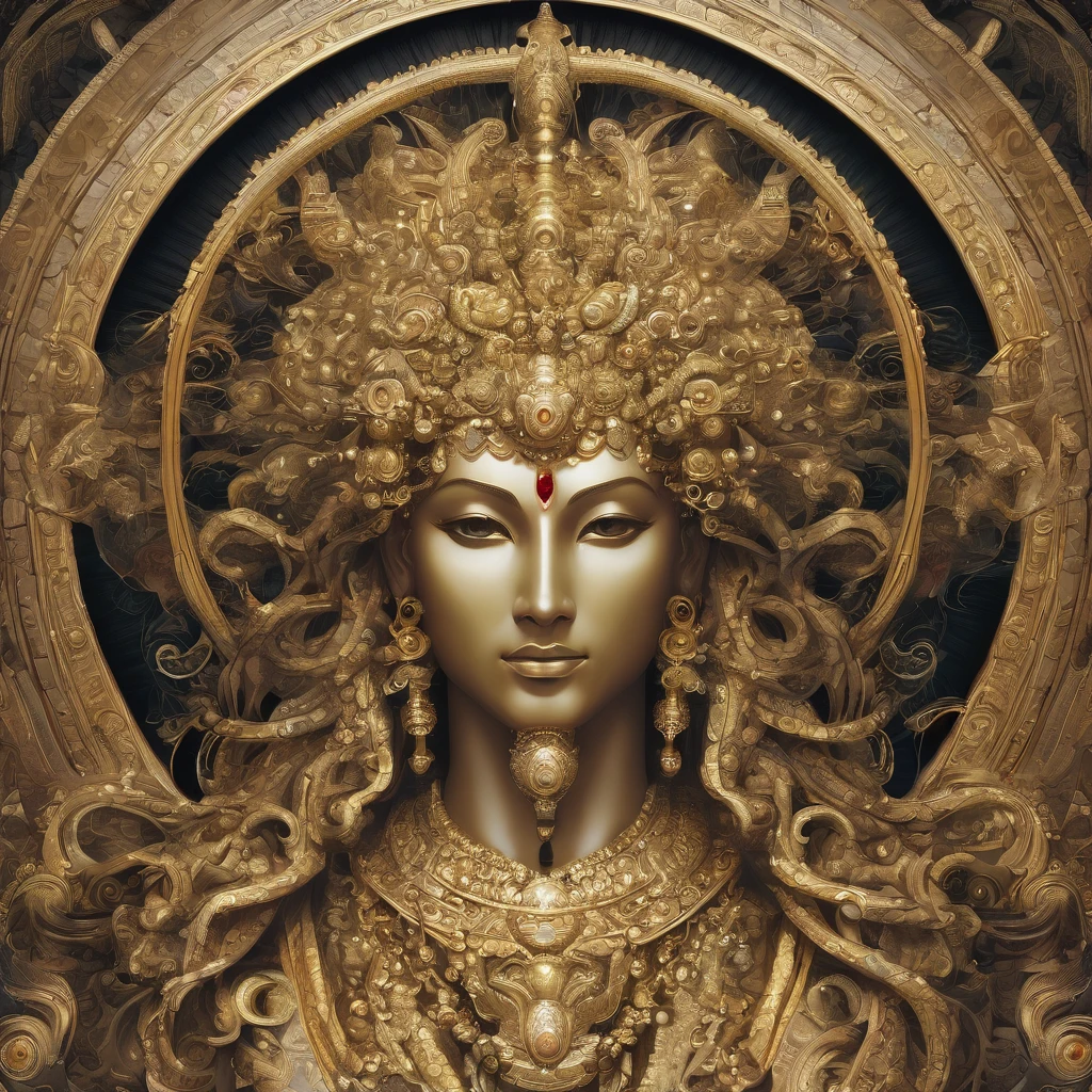 Create an image of a mythical figure who was originally human, but achieved the status of deity. The figure must exude a sense of divine power, but there must be nothing in your head, just your curly hair, do not include religious symbols, with visual elements that represent your transition from mortal to divine. Include details like a muscular body and lights that reflect your power.