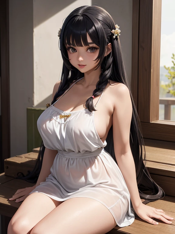 (masterpiece、top quality、top quality、official art、Nice and beautiful:1.2)、(one cute 18 year old hippie girl:1.3),beautiful proportional naturalbig breasts,cartoon style illustration character. she has long, straight black hair, hairstyle has a lot of braids and ribbons. Her brown eyes are large and expressive, (Best quality, masterpiece),  upper body, She has a beautiful nose and plump lips. She is wearing a simple, modest white linen sundress with thin straps, highlighting her full breasts and rounded hips... I don&#39;t wear a bra because it&#39;s uncomfortable, I don&#39;t wear panties because it&#39;s uncomfortable, Creates a relaxed, but stylish impression, seems cheeky and approachable, however modest and shy. A small necklace of rowan berries and many handmade bracelets complete her outfit.... Her pose exudes confidence and sexiness., Put one hand on your hip、A faint smile on his face.. Young hippie character, cartoon style. The background is all white, Focus on detailed illustrations of the characters themselves..