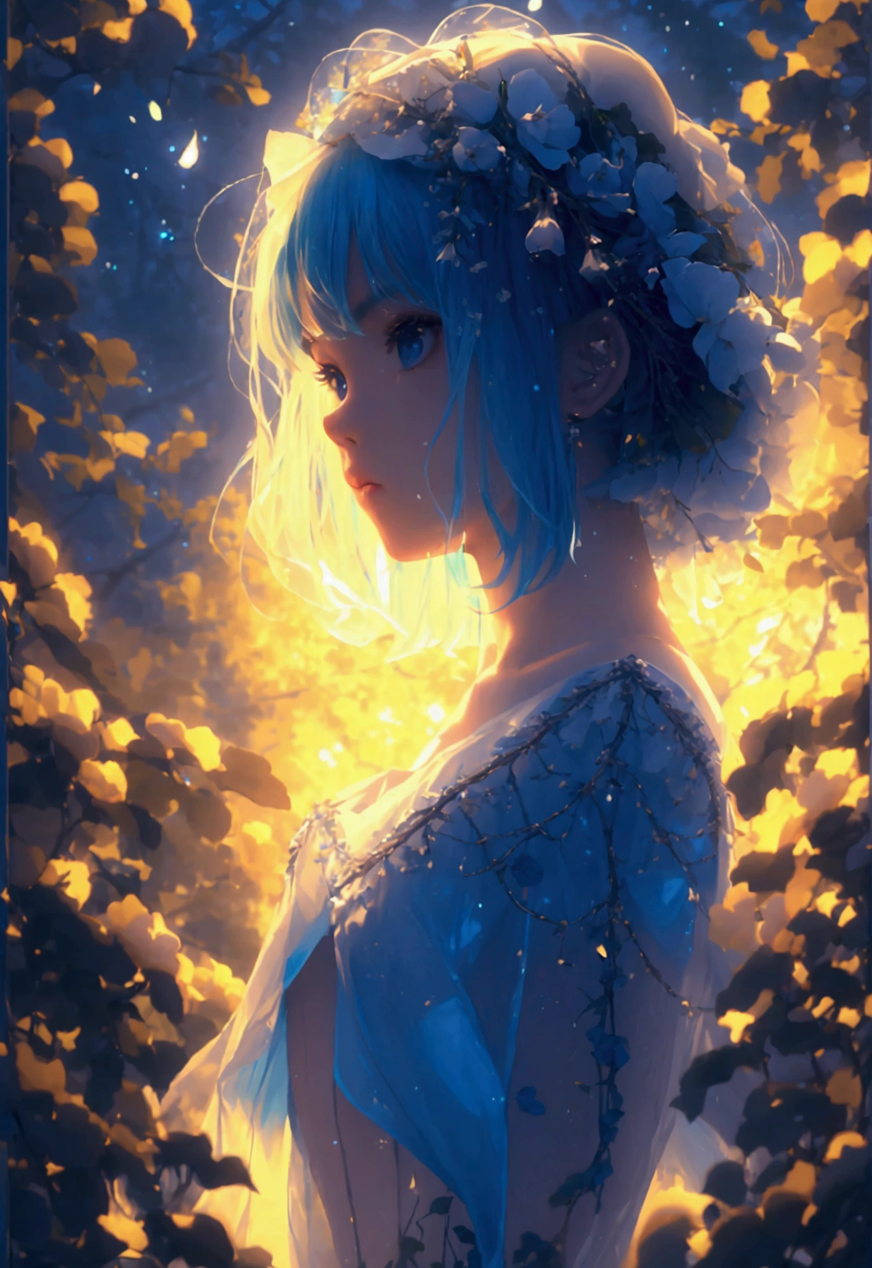 (best qualtiy,tmasterpiece), Beautiful teenage girl, Beautiful goddess, ((The shirt, short skirt)), Beautiful hair accessories, Pear Flower Forest, Detailed scenes, the night, starrysky, cold light, (cyan colors, white colors), ((from below)), ((full body)), ((realistic))