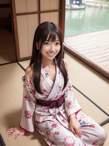 Japanese female, (underweight), (flat chest best quality:1.5), (cheerful grin:1.5),
river, (houseboat), sitting on the floor, long hair, (red yukata), cowboy shot, ground-level shot