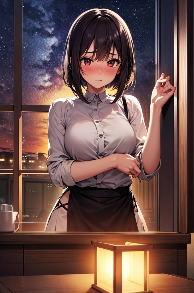 masterpiece, High resolution, figure, Kyoto Animation Style, Your Name Movie Style, night, midnight, Gentle light, Fascinating Light, (1 female: 1.3), (alone: 1.4), Long eyelashes, Short Bob, nose_blush, 