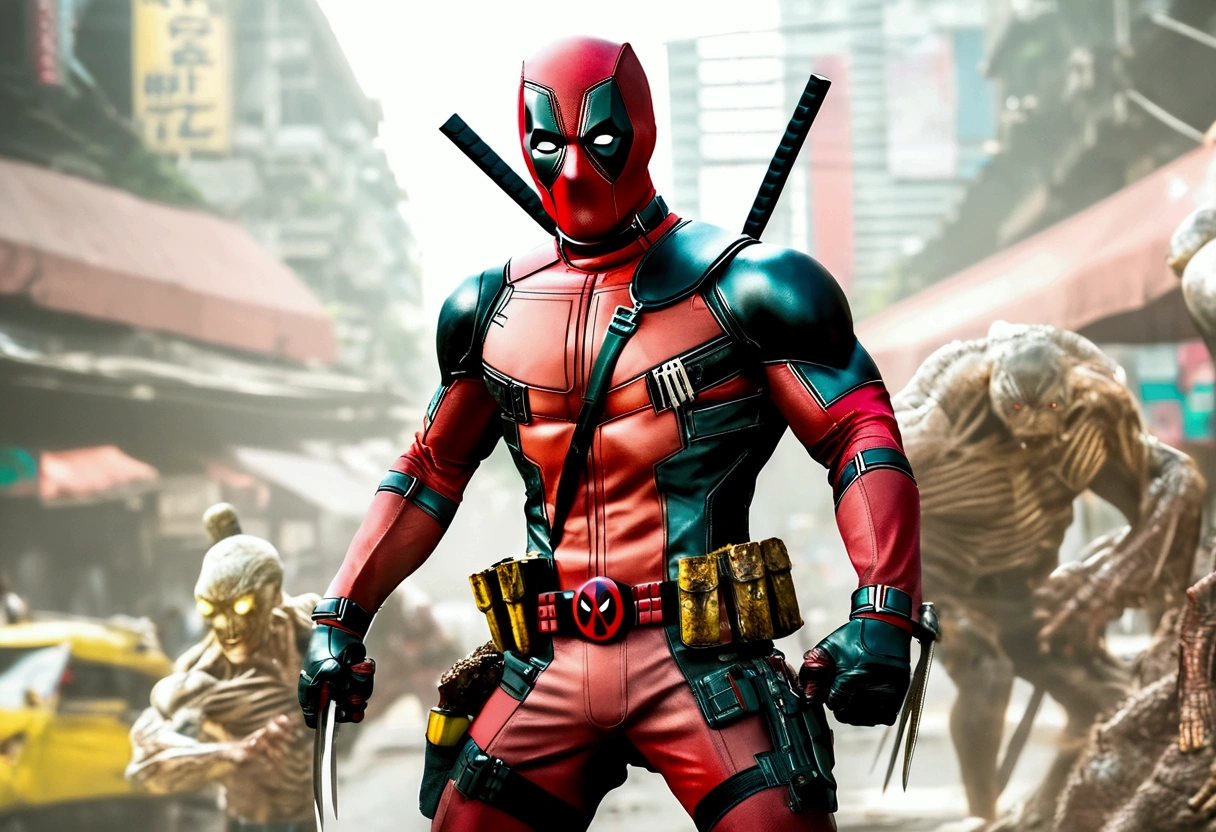 Deadpool and Wolverine stand back to back in fighting stance, they are surrounded by (alien mutant ninja zombie cyborgs), downtown Bangkok (Extremely complex)