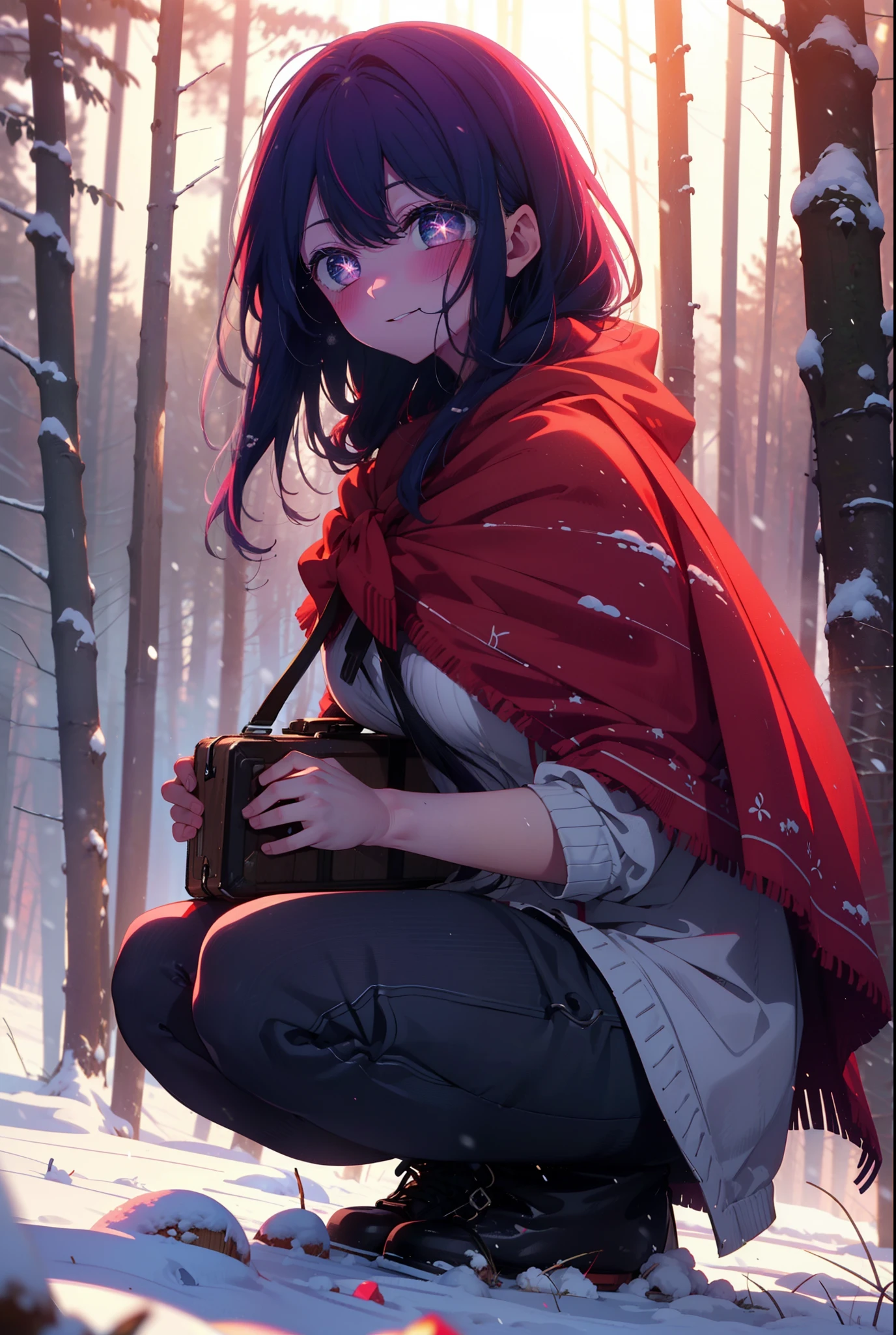 aihoshino, Ai Hoshino, Long Hair, bangs, (Purple eyes:1.1), Purple Hair, (Symbol-shaped pupil:1.5), smile,,smile,blush,white breath,
Open your mouth,snow,Ground bonfire, Outdoor, boots, snowing, From the side, wood, suitcase, Cape, Blurred, , forest, White handbag, nature,  Squat, Mouth closed, Cape, winter, Written boundary depth, Black shoes, red Cape break looking at viewer, Upper Body, whole body, break Outdoor, forest, nature, break (masterpiece:1.2), Highest quality, High resolution, unity 8k wallpaper, (shape:0.8), (Beautiful and beautiful eyes:1.6), Highly detailed face, Perfect lighting, Extremely detailed CG, (Perfect hands, Perfect Anatomy),