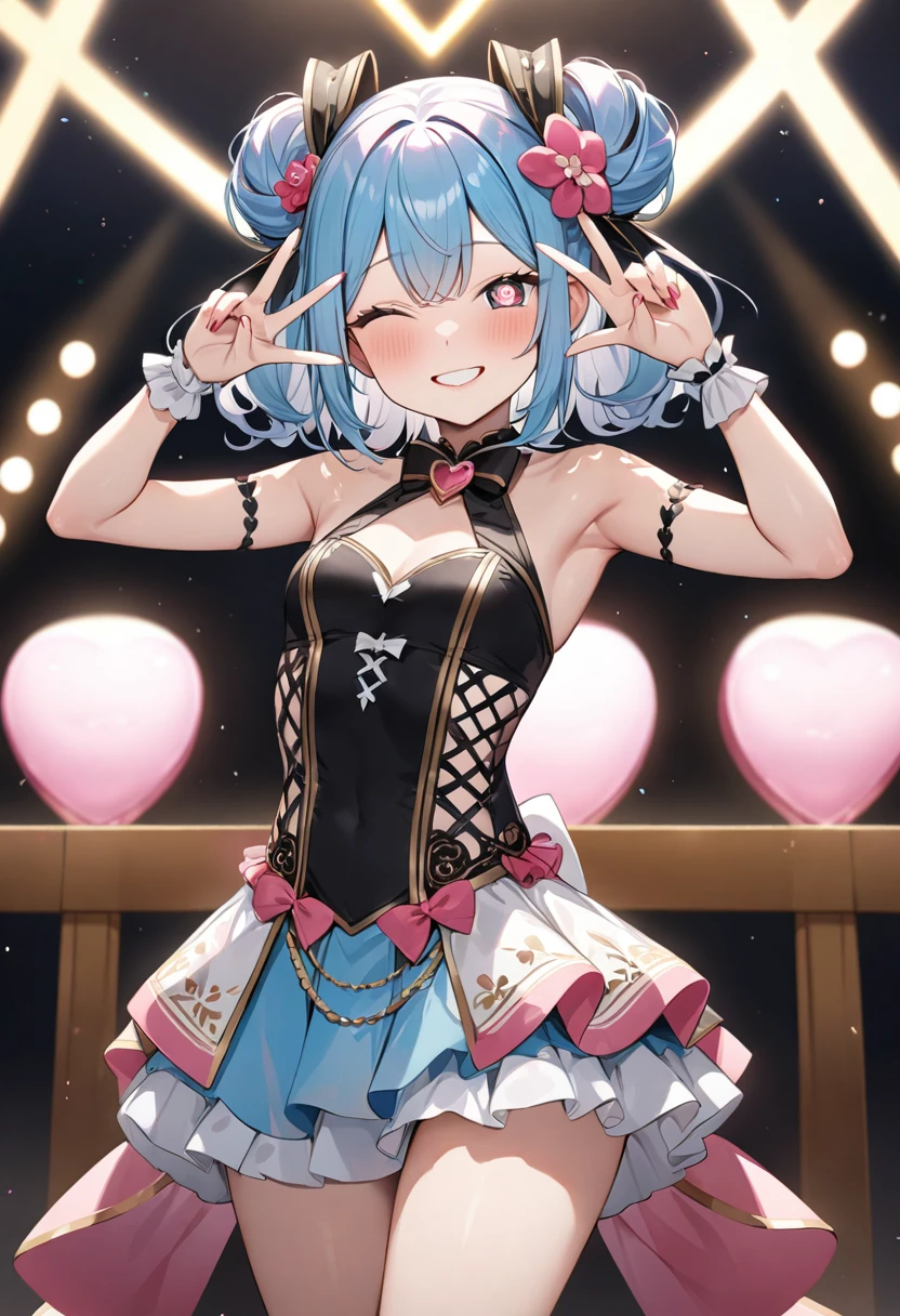 (masterpiece, top quality, very aesthetic, 4k、illustration), intricate detail, 1woman,、solo,contrapposto 、,(cowboy shot)、(heart shaped pupils),Cute、closed eyes、fan service、double v sign、happy smile、Random Hairstyle、Random Hair Color、,middle hair,sidelock ,Random Color　eyes、idol clothes、small breasts、Slim 、